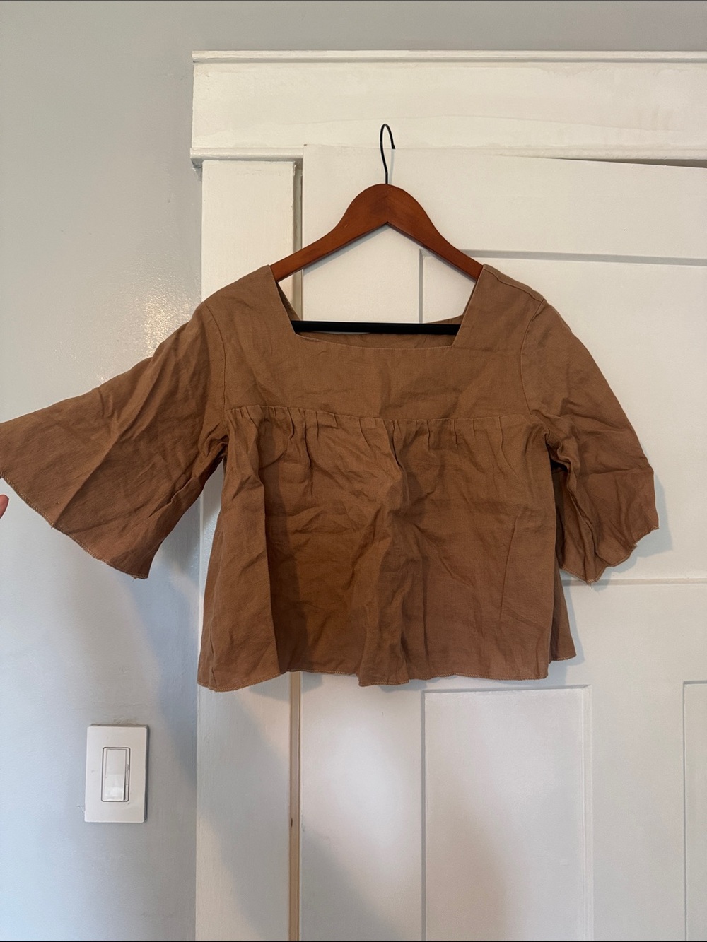 Square-Neck Cotton Peasant Blouse in Tan